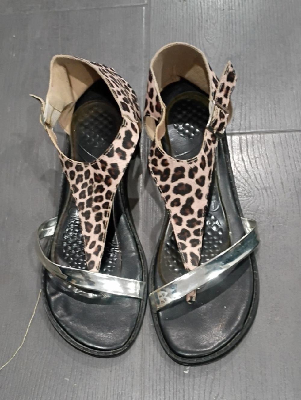 Leopard Print T-Strap Sandals with Silver Accent